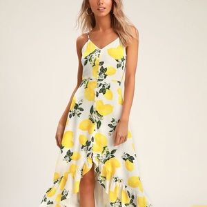 NWT white and yellow lemon print high-low midi dress